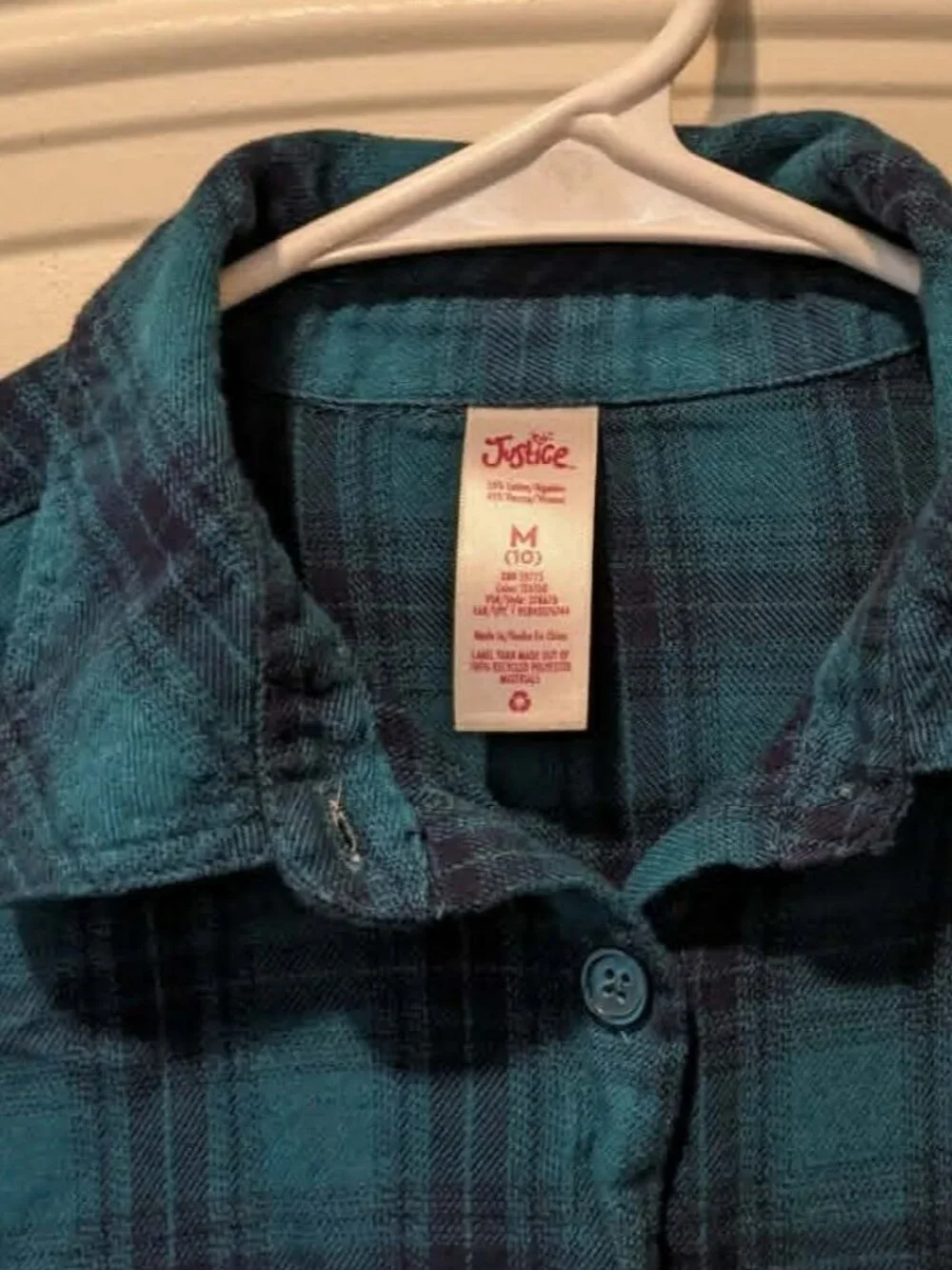Girl's Justice Green Blue Plaid Flannel Button-Up Shirt - size M (10) EUC